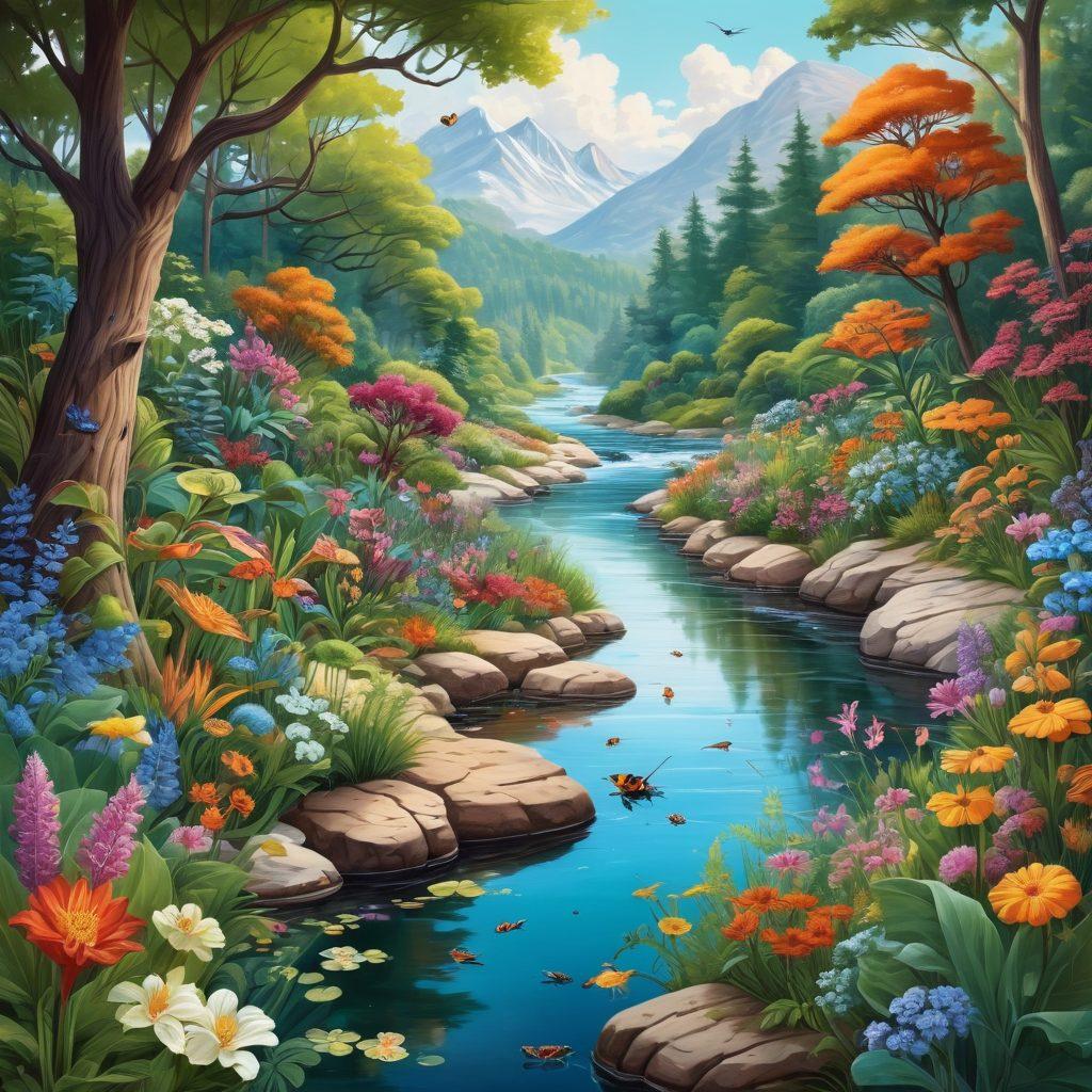 An intricate illustration showcasing a diverse ecosystem with a variety of flora and fauna, emphasizing both small creatures like insects and larger mammals. Include scientists observing and studying these creatures, surrounded by vibrant natural elements like flowers, trees, and a flowing river. Use a color palette that highlights the interconnectedness of life and nature. Illustrate the harmony and balance within the ecosystem. super-realistic. vibrant colors.