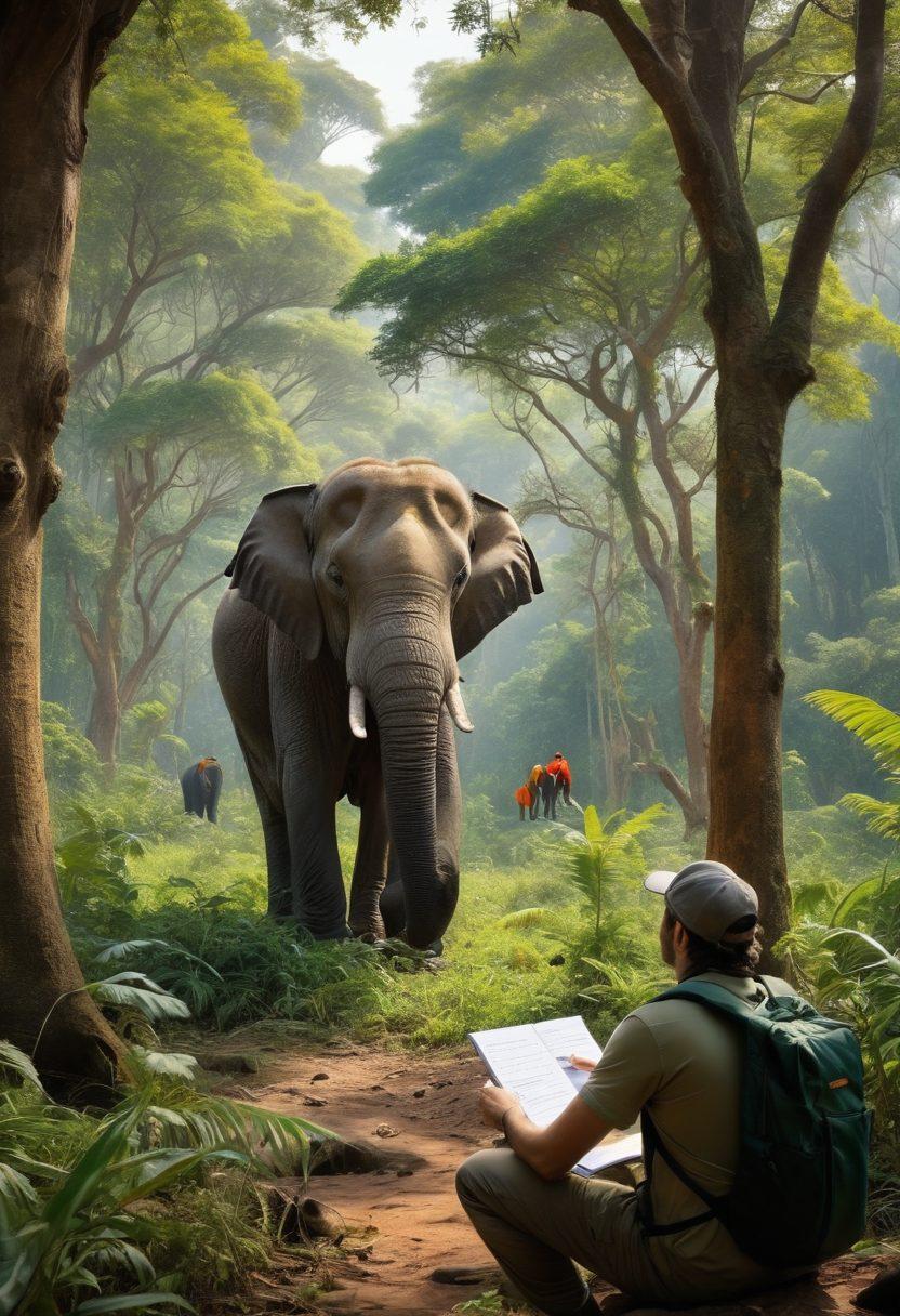 A captivating scene of a wildlife researcher observing a diverse range of animals in their natural habitat, showcasing a lush forest with vibrant flora and fauna. Highlight a majestic elephant, a playful family of monkeys, and colorful birds in the trees, with the researcher taking notes in the foreground. Include elements of conservation such as camera traps and tracked collars. The atmosphere should feel harmonious and interconnected. super-realistic. vibrant colors. natural setting.