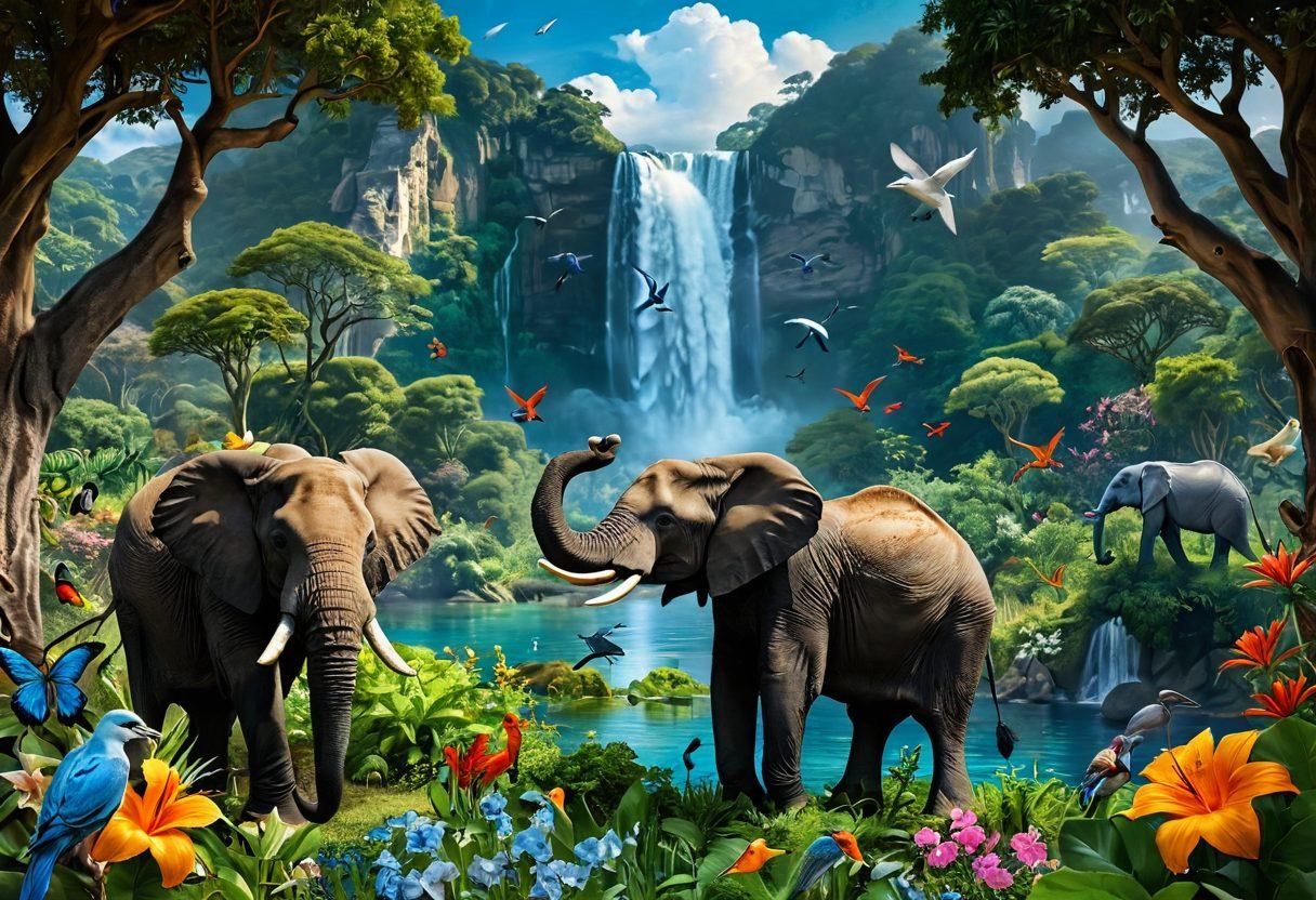 A captivating landscape featuring diverse animals in their natural habitats, showcasing various species from the animal kingdom, like majestic elephants, colorful birds, and playful dolphins. Incorporate lush greenery, vibrant flowers, and a majestic waterfall in the background, emphasizing the beauty of wildlife. Include a researcher observing the animals with binoculars, portraying the connection between beastology and wildlife research. surrealistic. vibrant colors. 3D effect.